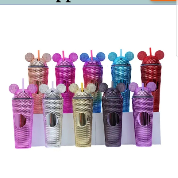 Tumbler 24 OZ Studded Disney Ears with  Staw Shiny Metallic Bling New - Picture 1 of 10